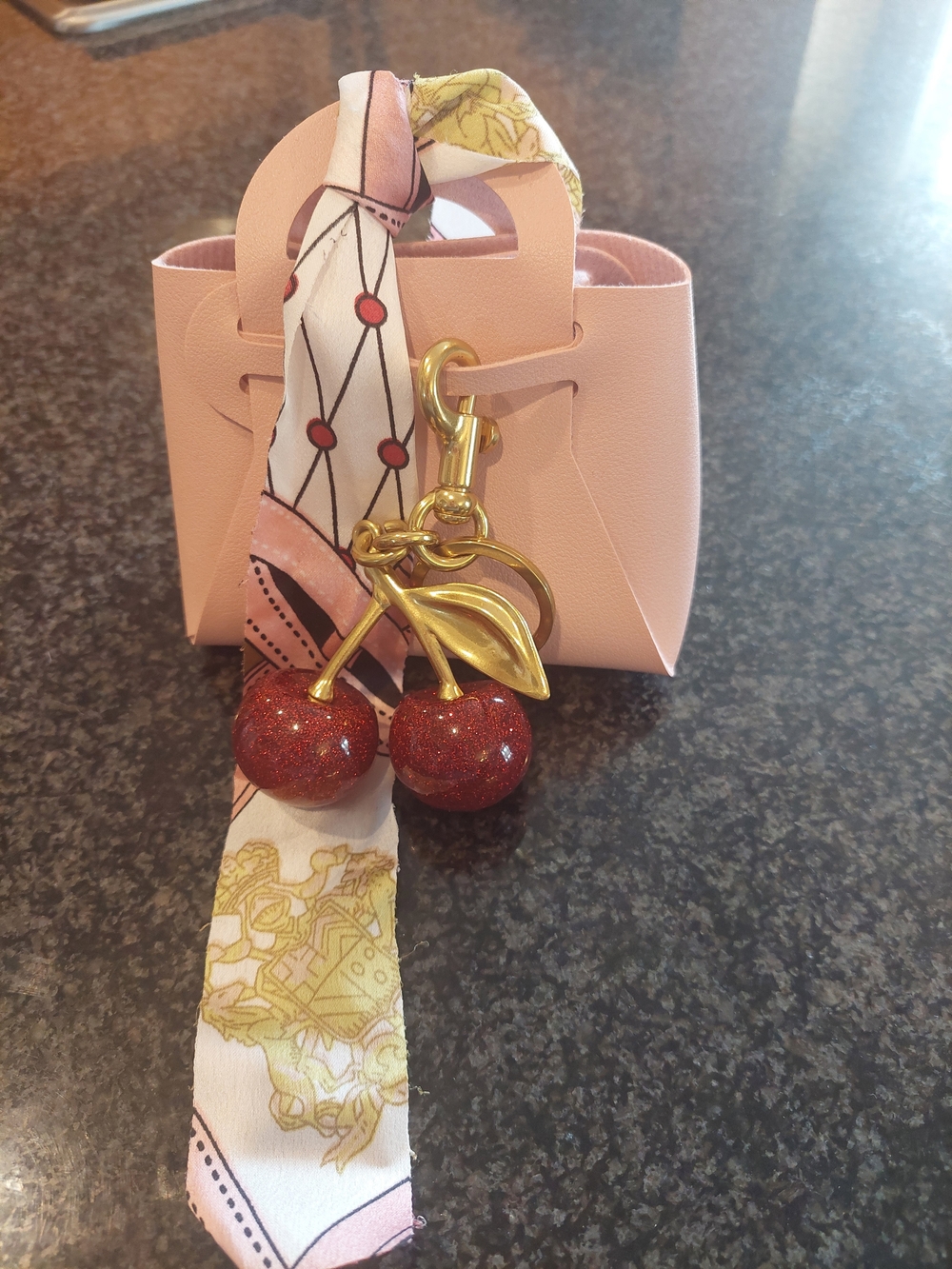 Fashion Jewelry Pink Mini Bag Charm with Gold Cherry Keyring